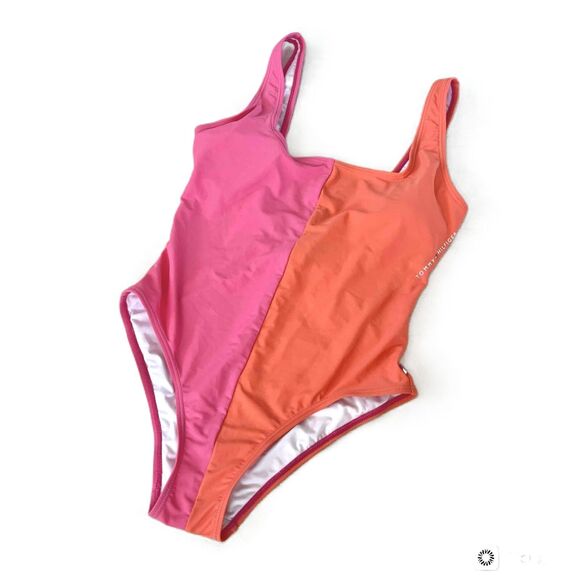 Tommy Hilfiger Swimsuit size 8 Colorblock Removable Pads Stretch One-Piece Pink - Picture 1 of 8